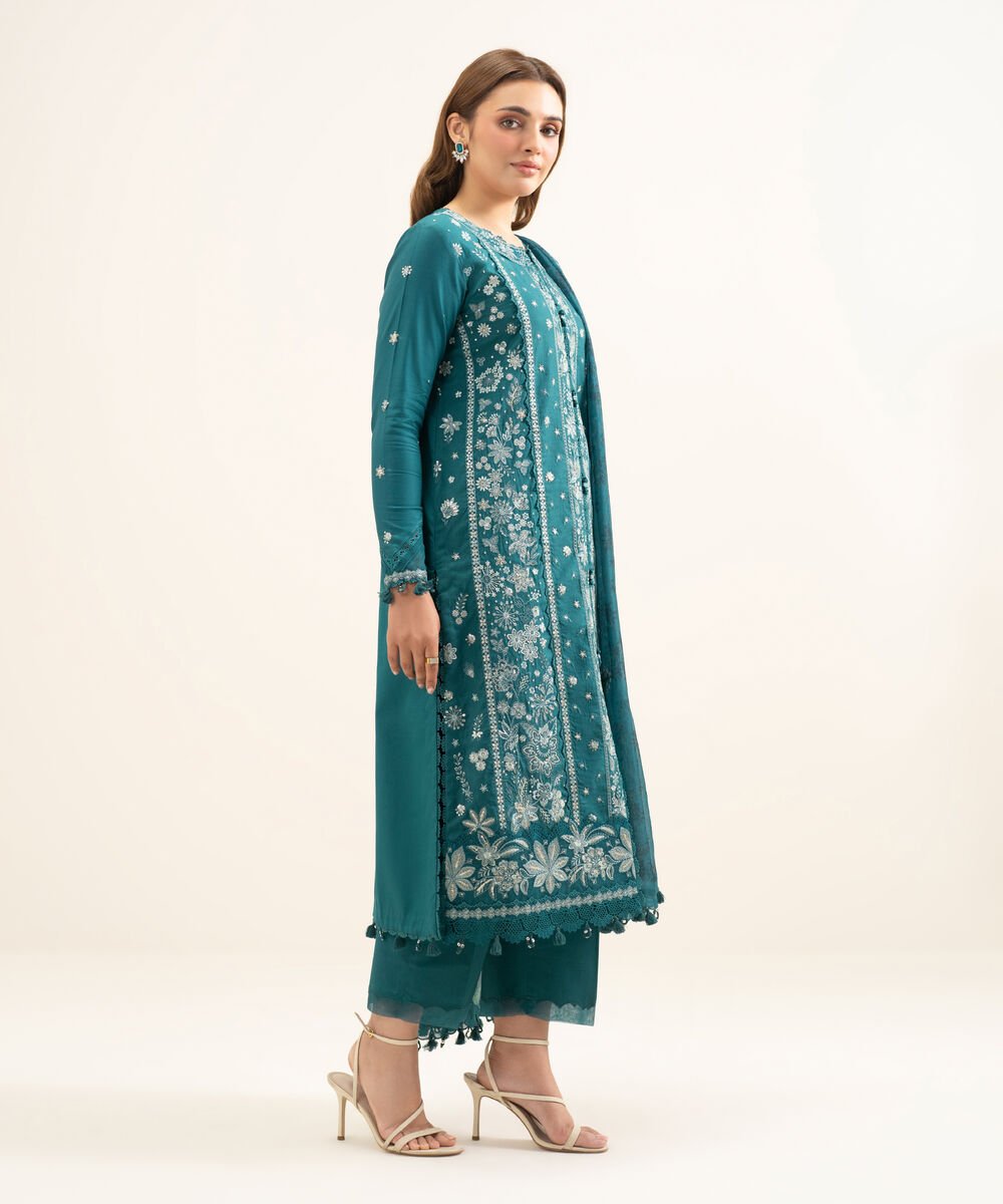 3 Piece - Embroidered Cotton Satin Suit
