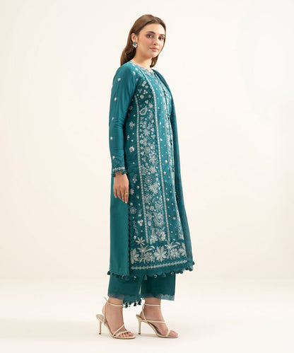 3 Piece - Embroidered Cotton Satin Suit