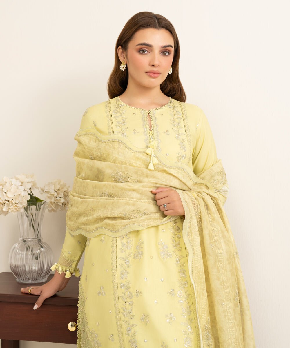 3 Piece - Embroidered Cotton Satin Suit