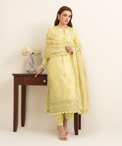 3 Piece - Embroidered Cotton Satin Suit