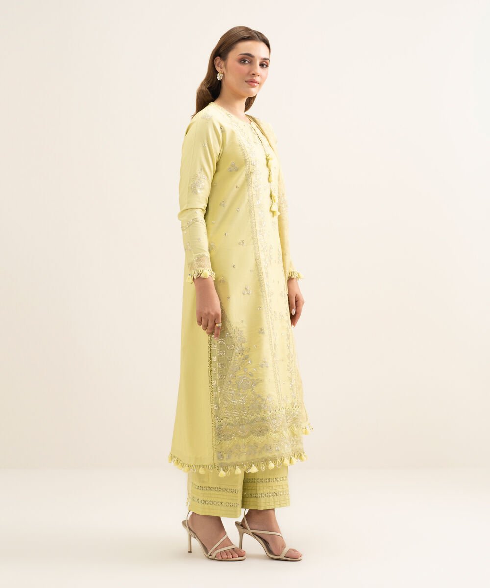 3 Piece - Embroidered Cotton Satin Suit