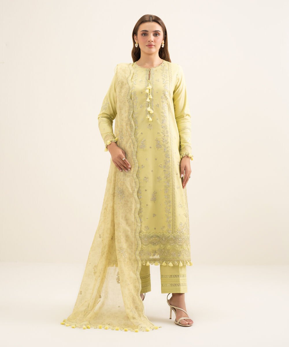 3 Piece - Embroidered Cotton Satin Suit