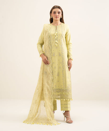 3 Piece - Embroidered Cotton Satin Suit