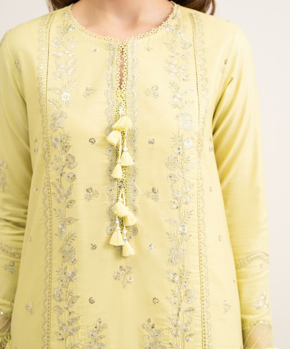 3 Piece - Embroidered Cotton Satin Suit