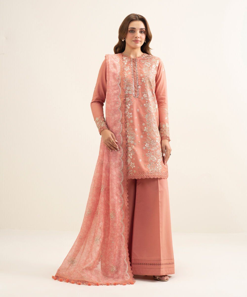 3 Piece - Embroidered Cotton Satin Suit