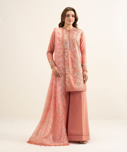 3 Piece - Embroidered Cotton Satin Suit