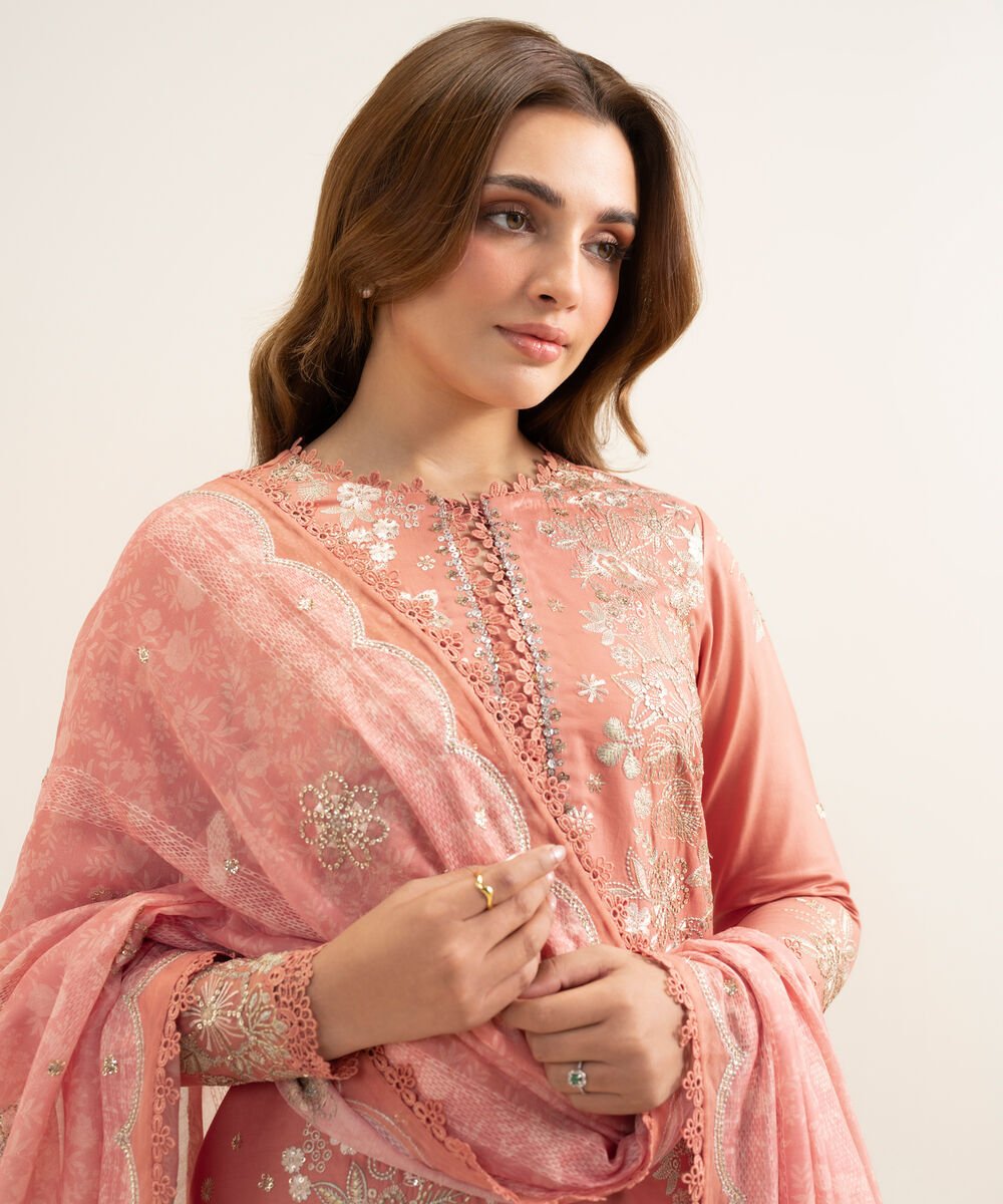 3 Piece - Embroidered Cotton Satin Suit