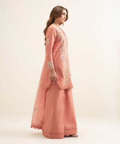 3 Piece - Embroidered Cotton Satin Suit