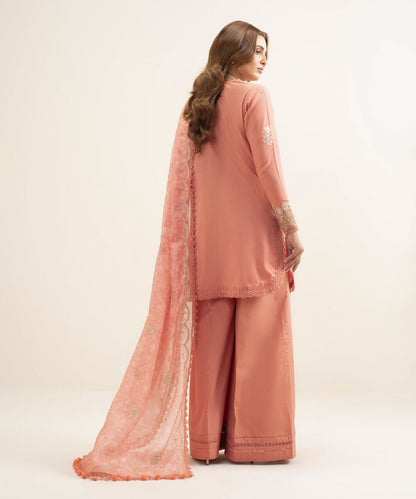 3 Piece - Embroidered Cotton Satin Suit