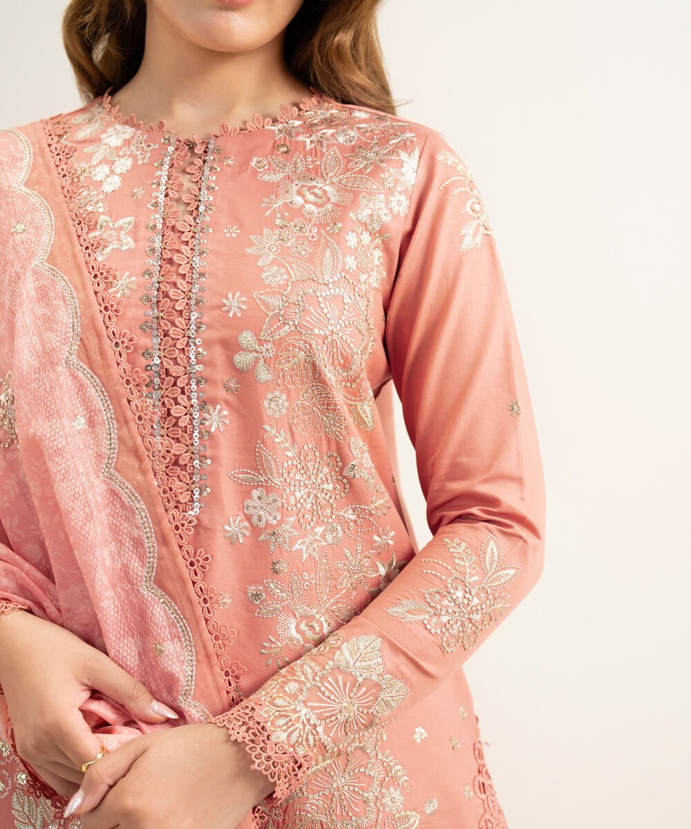 3 Piece - Embroidered Cotton Satin Suit