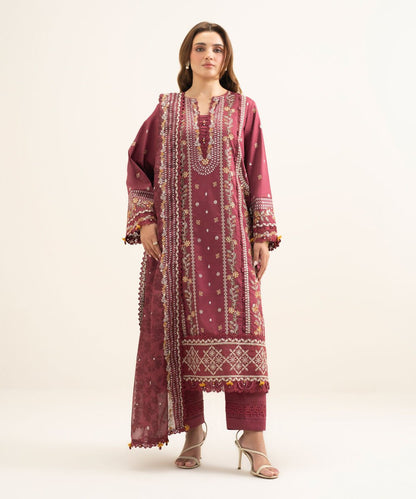 3 Piece - Embroidered Cotton Satin Suit