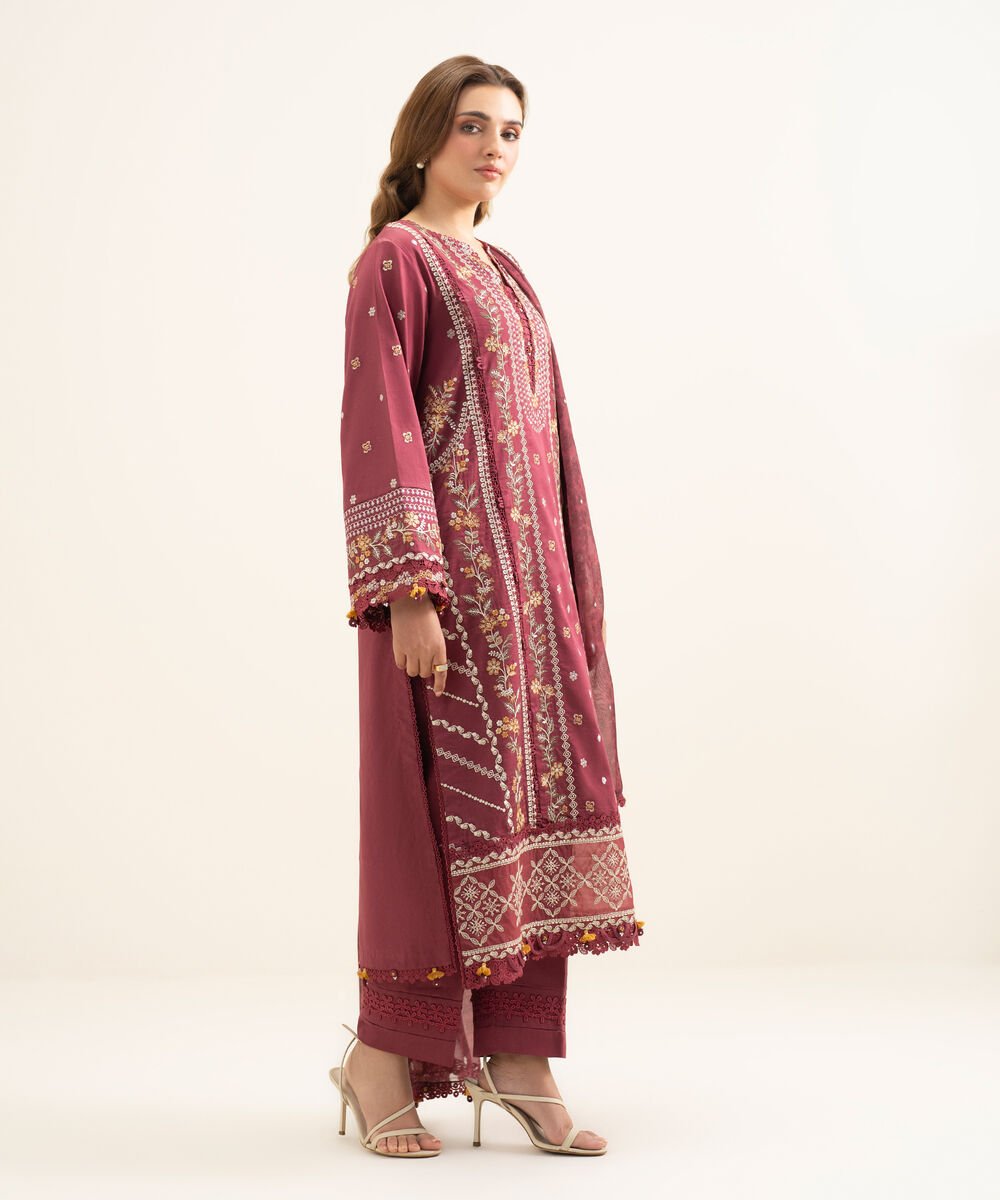3 Piece - Embroidered Cotton Satin Suit