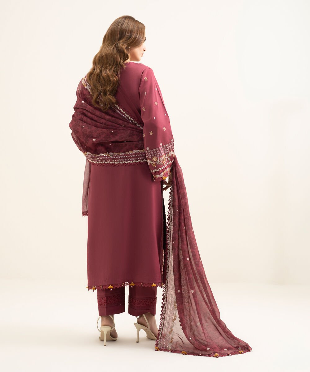 3 Piece - Embroidered Cotton Satin Suit
