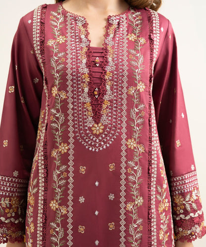 3 Piece - Embroidered Cotton Satin Suit