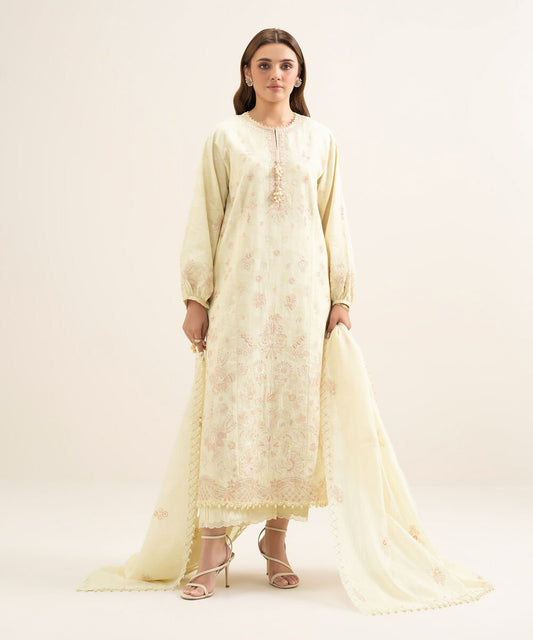 3 Piece - Embroidered Cotton Jacquard Suit