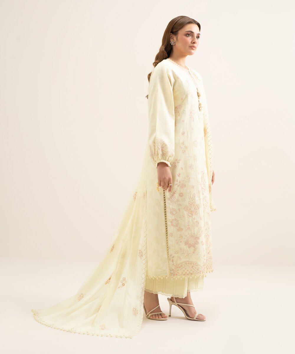 3 Piece - Embroidered Cotton Jacquard Suit