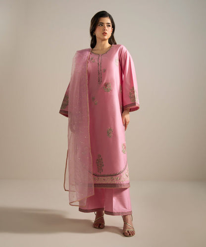 3 Piece - Embroidered Cotton Net Suit