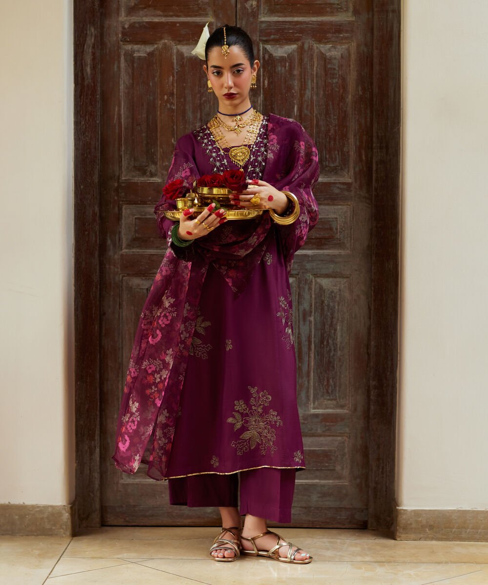 3 Piece - Embroidered Raw Silk Suit