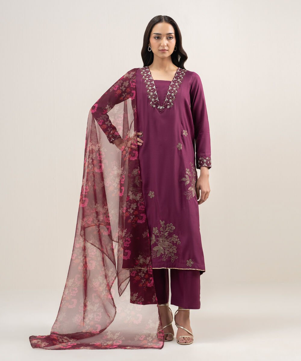 3 Piece - Embroidered Raw Silk Suit