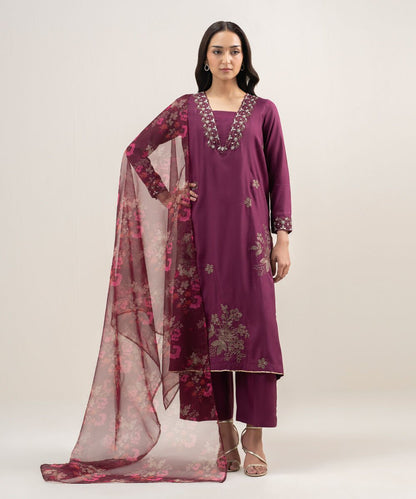 3 Piece - Embroidered Raw Silk Suit