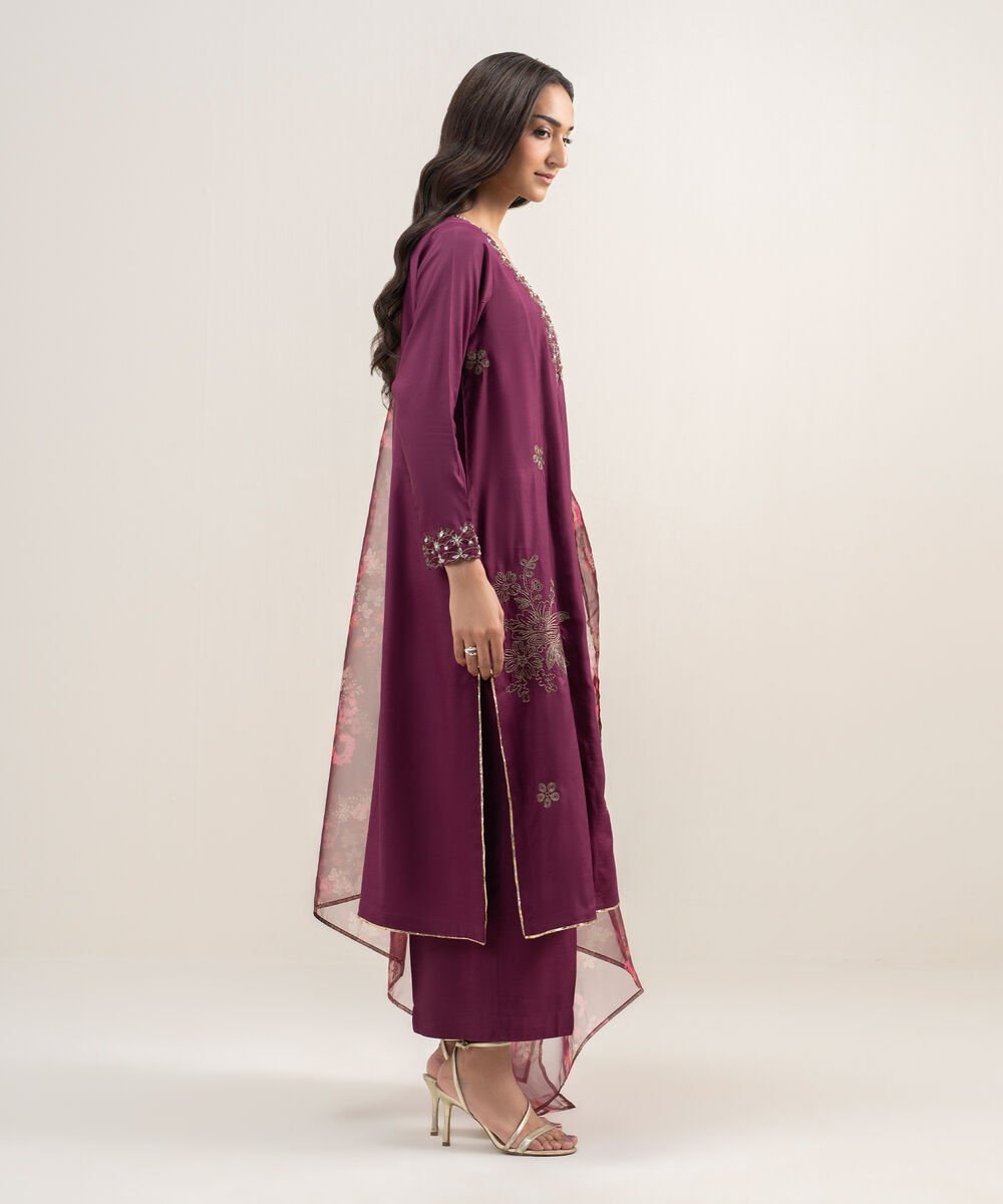 3 Piece - Embroidered Raw Silk Suit