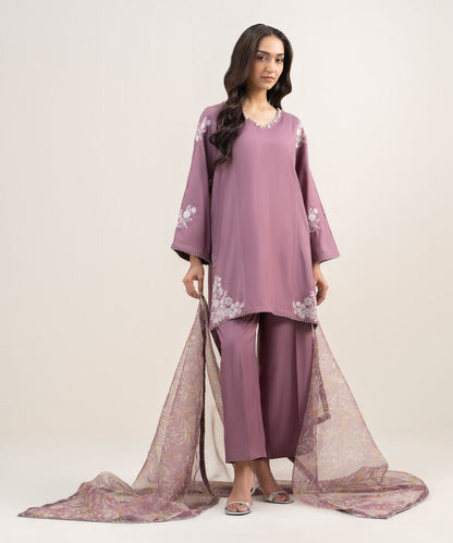 3 Piece - Embroidered Raw Silk Suit