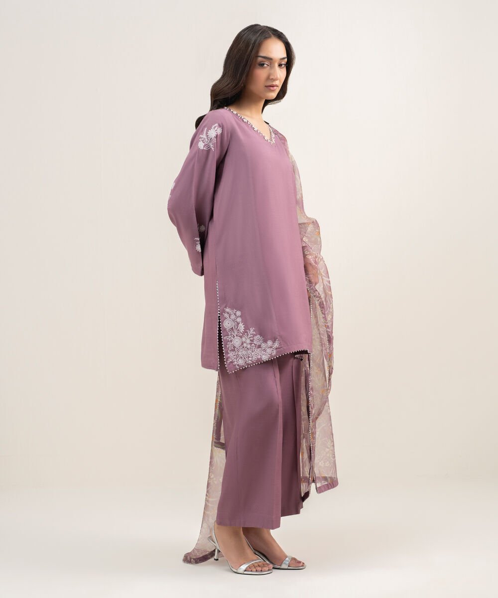 3 Piece - Embroidered Raw Silk Suit