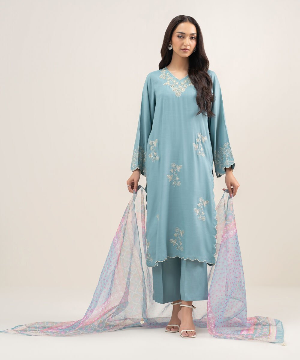 3 Piece - Embroidered Raw Silk Suit