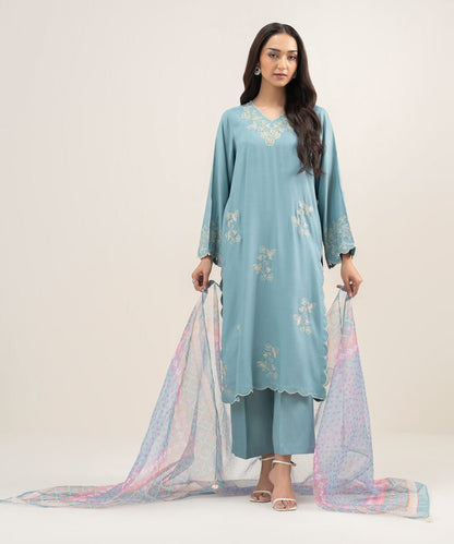 3 Piece - Embroidered Raw Silk Suit
