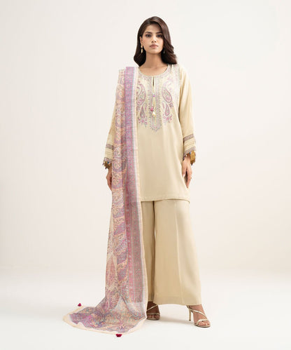 3 Piece - Embroidered Raw Silk Suit