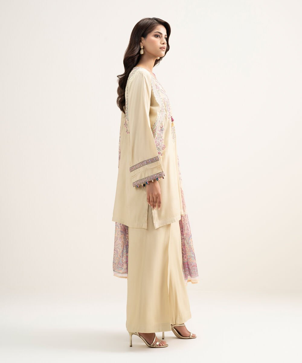 3 Piece - Embroidered Raw Silk Suit