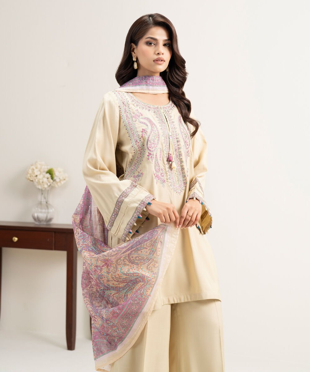 3 Piece - Embroidered Raw Silk Suit