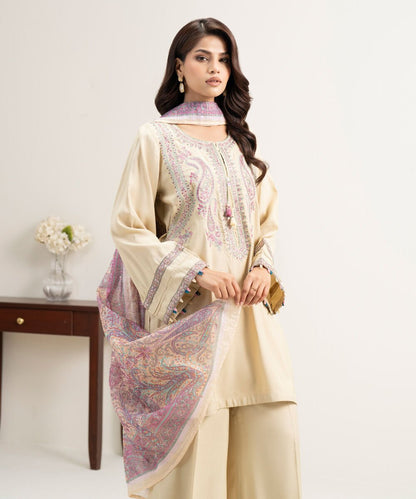 3 Piece - Embroidered Raw Silk Suit