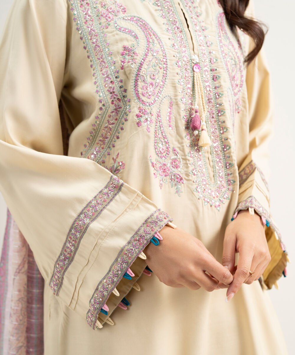 3 Piece - Embroidered Raw Silk Suit