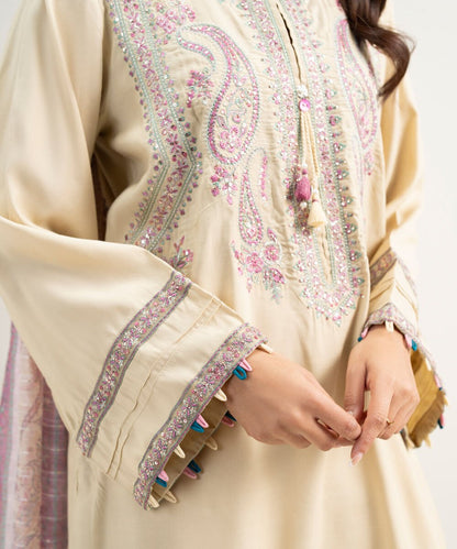 3 Piece - Embroidered Raw Silk Suit
