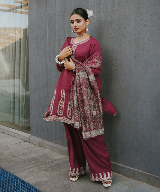 3 Piece - Embroidered Raw Silk Suit