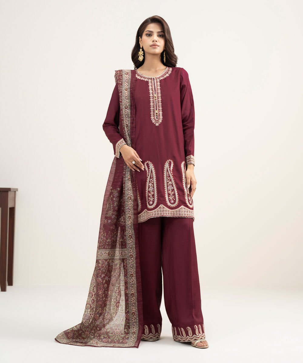 3 Piece - Embroidered Raw Silk Suit