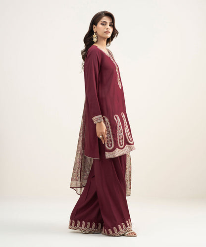 3 Piece - Embroidered Raw Silk Suit