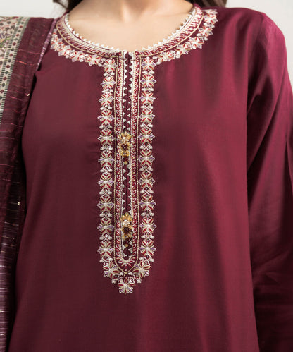 3 Piece - Embroidered Raw Silk Suit