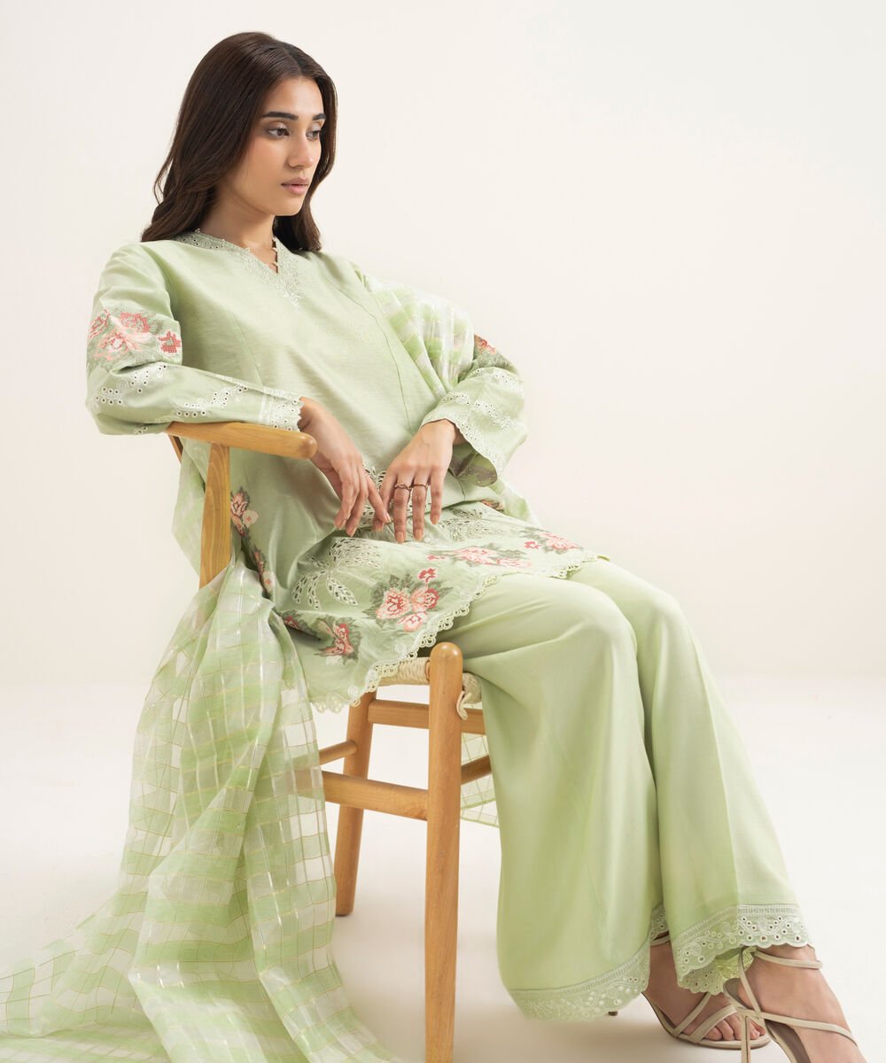 3 Piece - Embroidered Cotton Net Suit