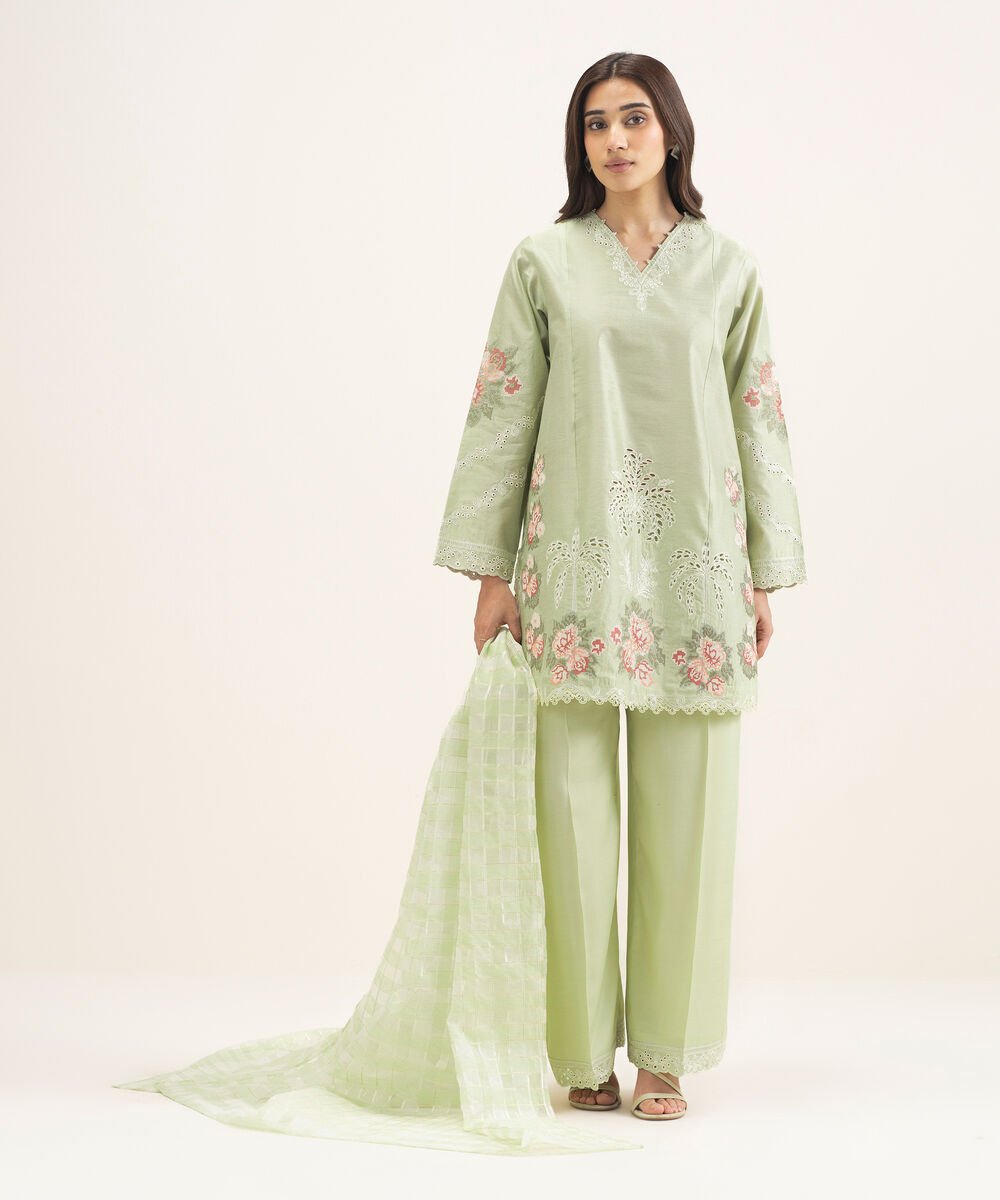 3 Piece - Embroidered Cotton Net Suit