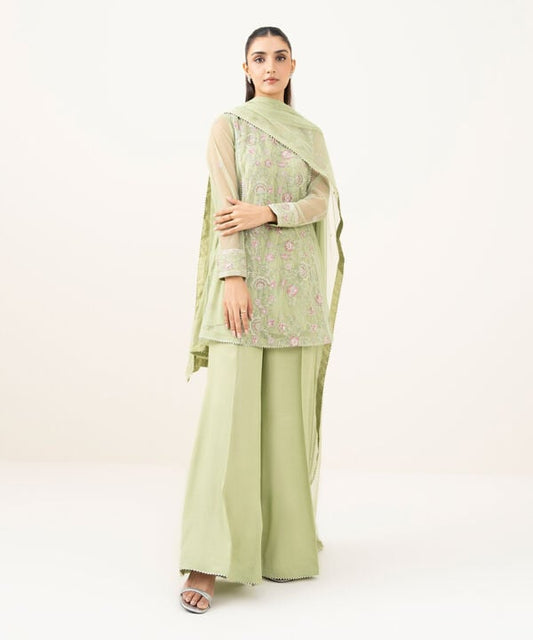 3 Piece - Embroidered Net Suit