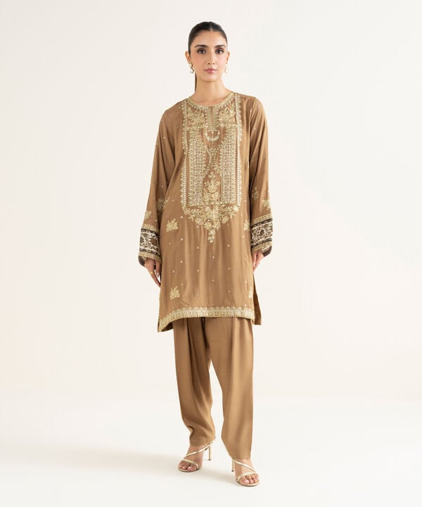 2 Piece - Embroidered Raw Silk Suit