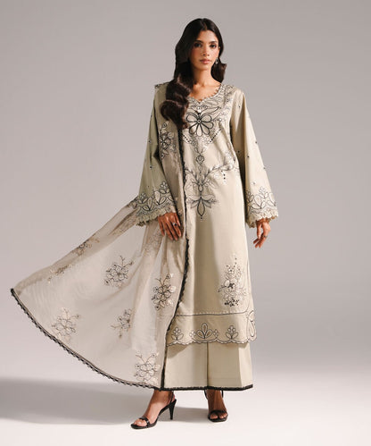 3 Piece - Embroidered Cotton Satin Suit