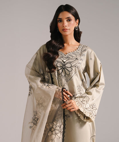 3 Piece - Embroidered Cotton Satin Suit