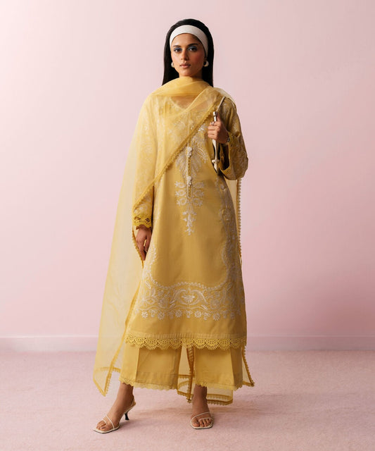 3 Piece - Embroidered Cotton Satin Suit