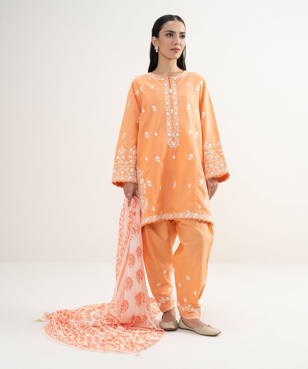 3 Piece - Embroidered Zari Cotton Suit