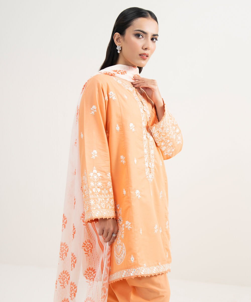3 Piece - Embroidered Zari Cotton Suit