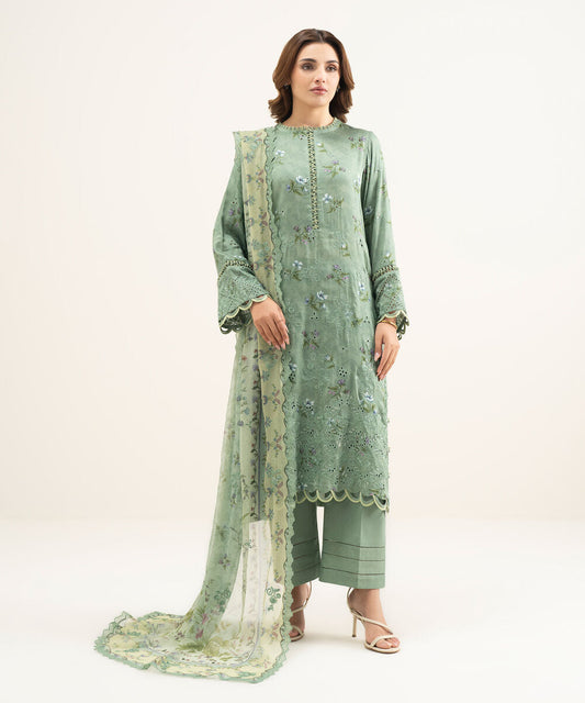 3 Piece - Embroidered Satin Suit