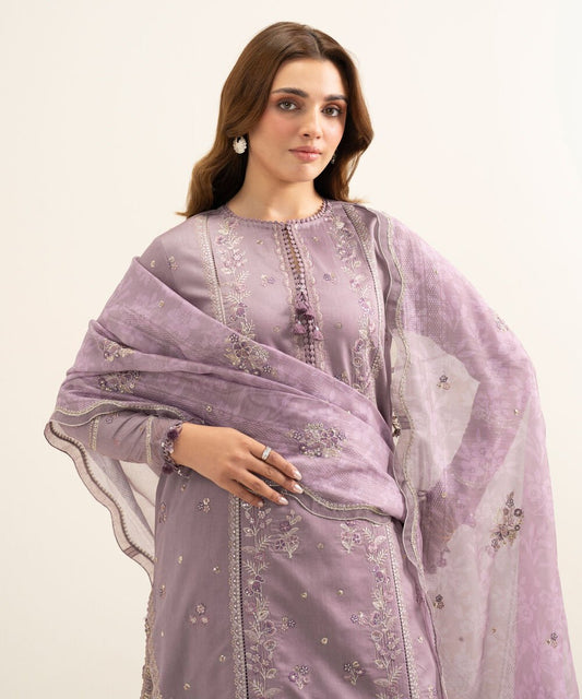 3 Piece - Embroidered Cotton Satin Suit